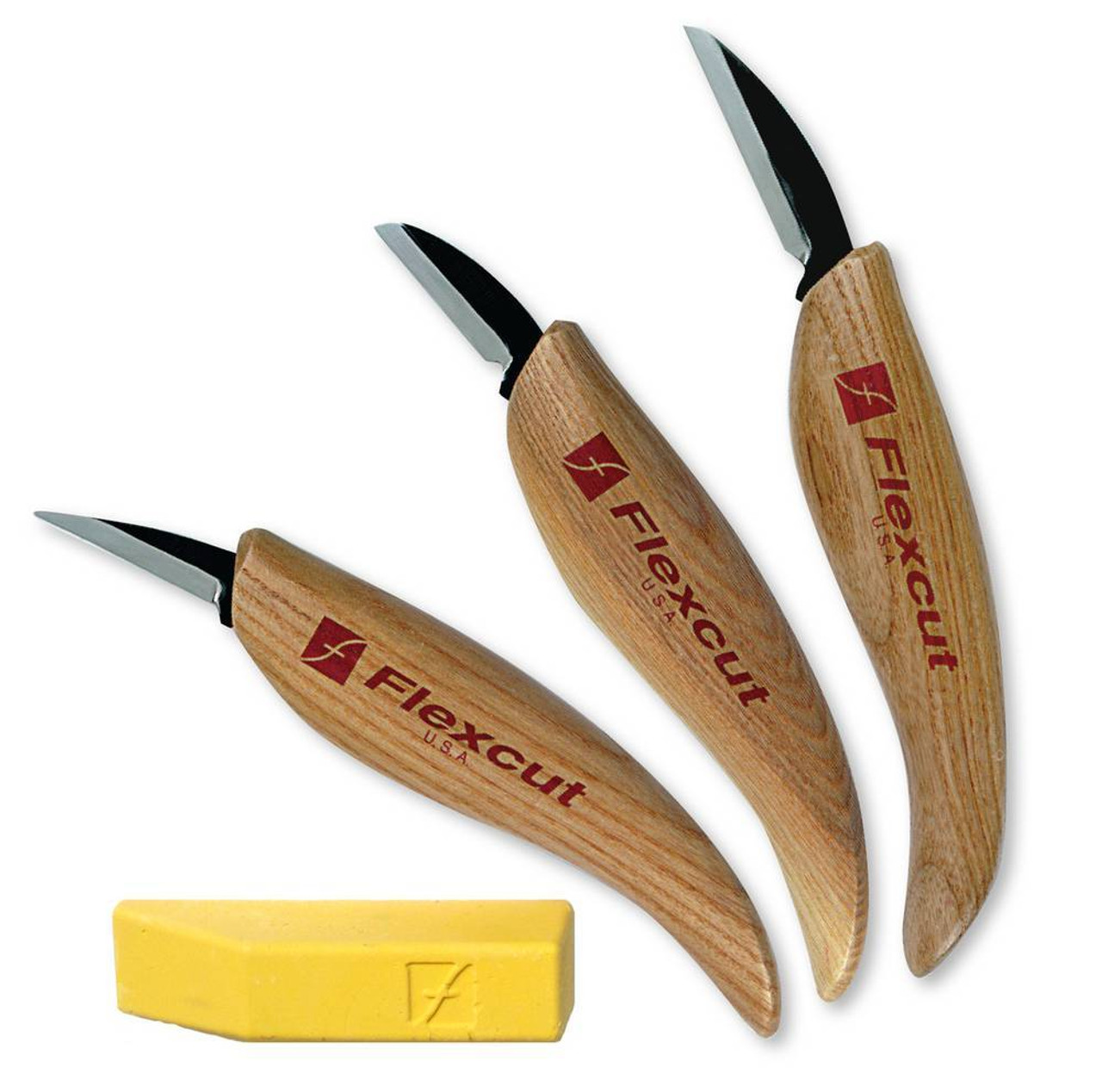 Image of Flexcut 3-Knife Starter Set contains cutting knife with 1  1/4" blade, detail knife with 1  1/2" blade, roughing knife with 1  3/4" blade.