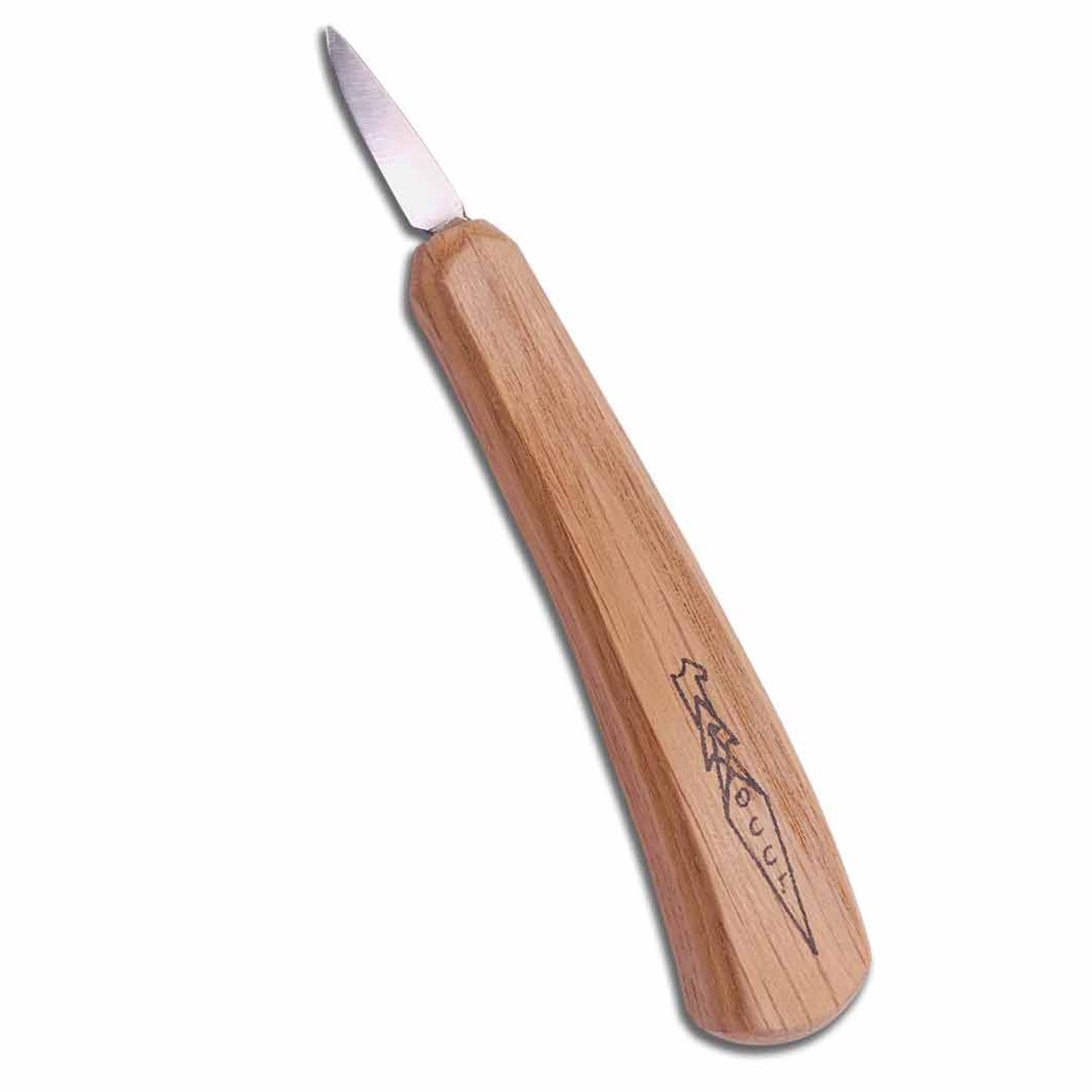 Looking at the OCC New Generation 1 3/8" Upsweep knife in an upright position showing the entire carving knife with the blade, oak handle and OCC tools logo.