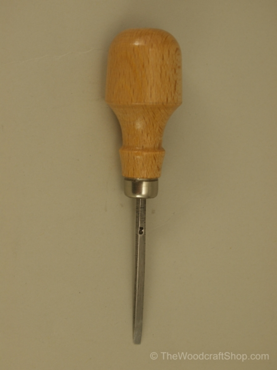 The photo is revealing the blade and handle of the Stubai Palm #2 x 3mm Skew Chisel.