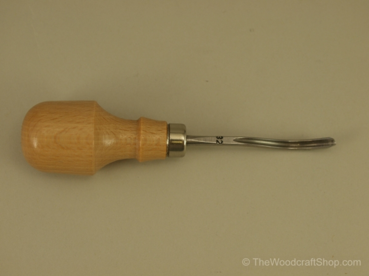 Shows an image of the Stubai Palm #11 Short Bent Spoon Veiner 3mm with handle and depth of the blade.