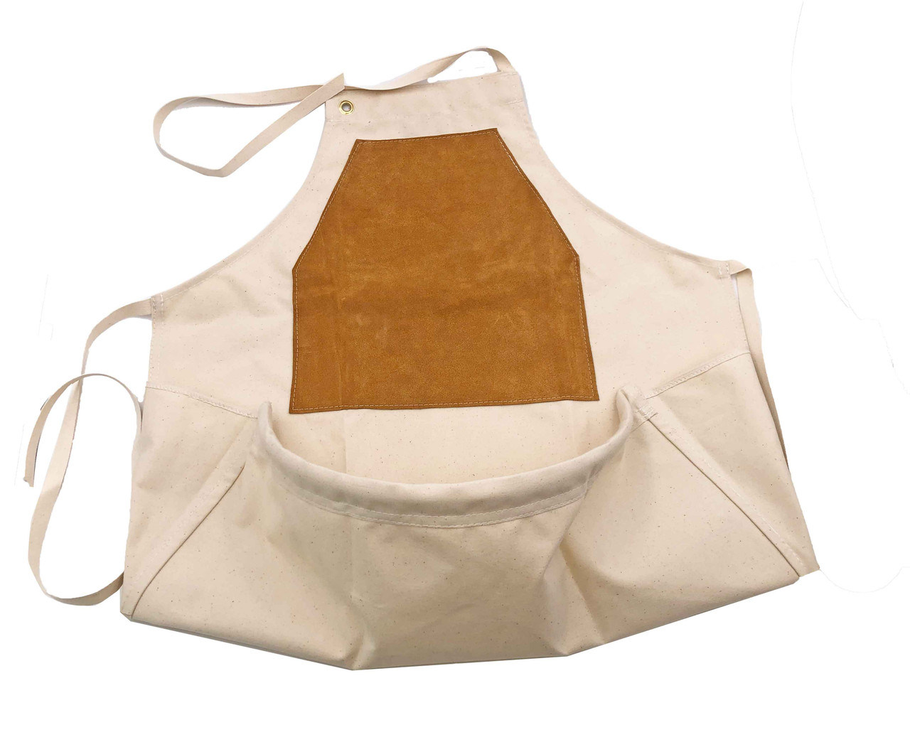 carver's leather front apron laying flat with pouch.