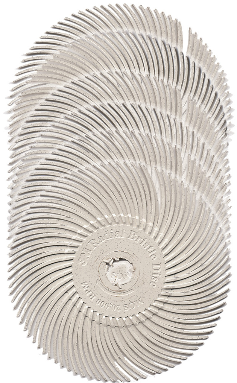 Six White Radial Bristle 3" Discs 120 Grit with a hole in the center.
