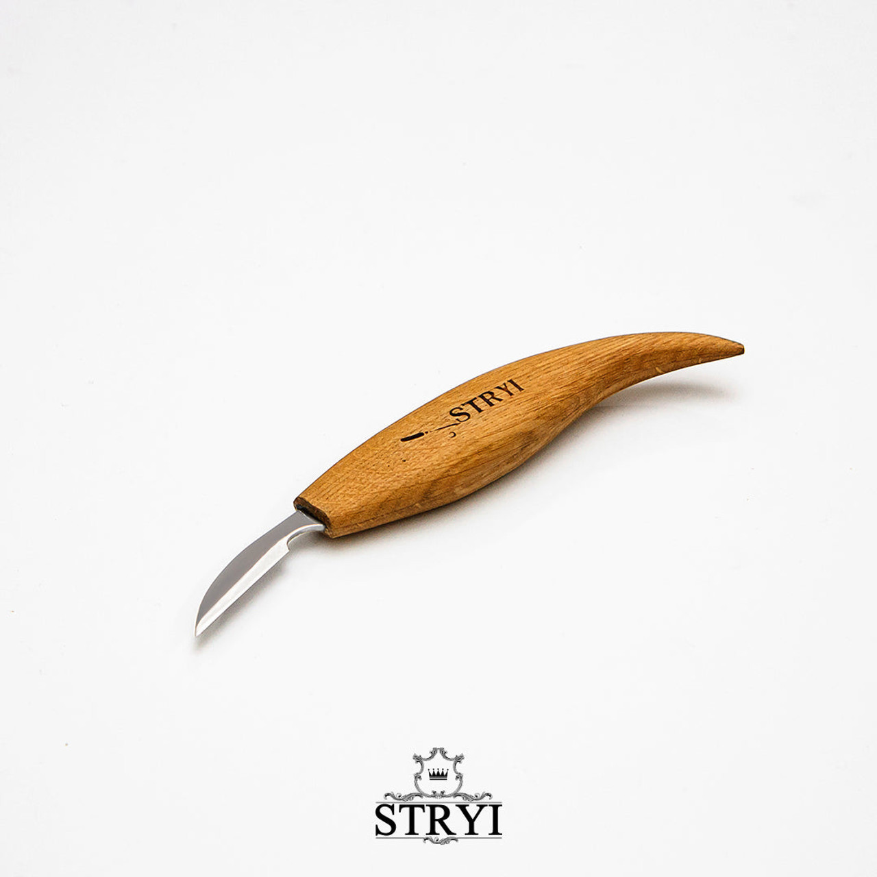 Showing a top view of the Stryi Detail Knife 38mm  blade  and the curvature on the wooden handle.