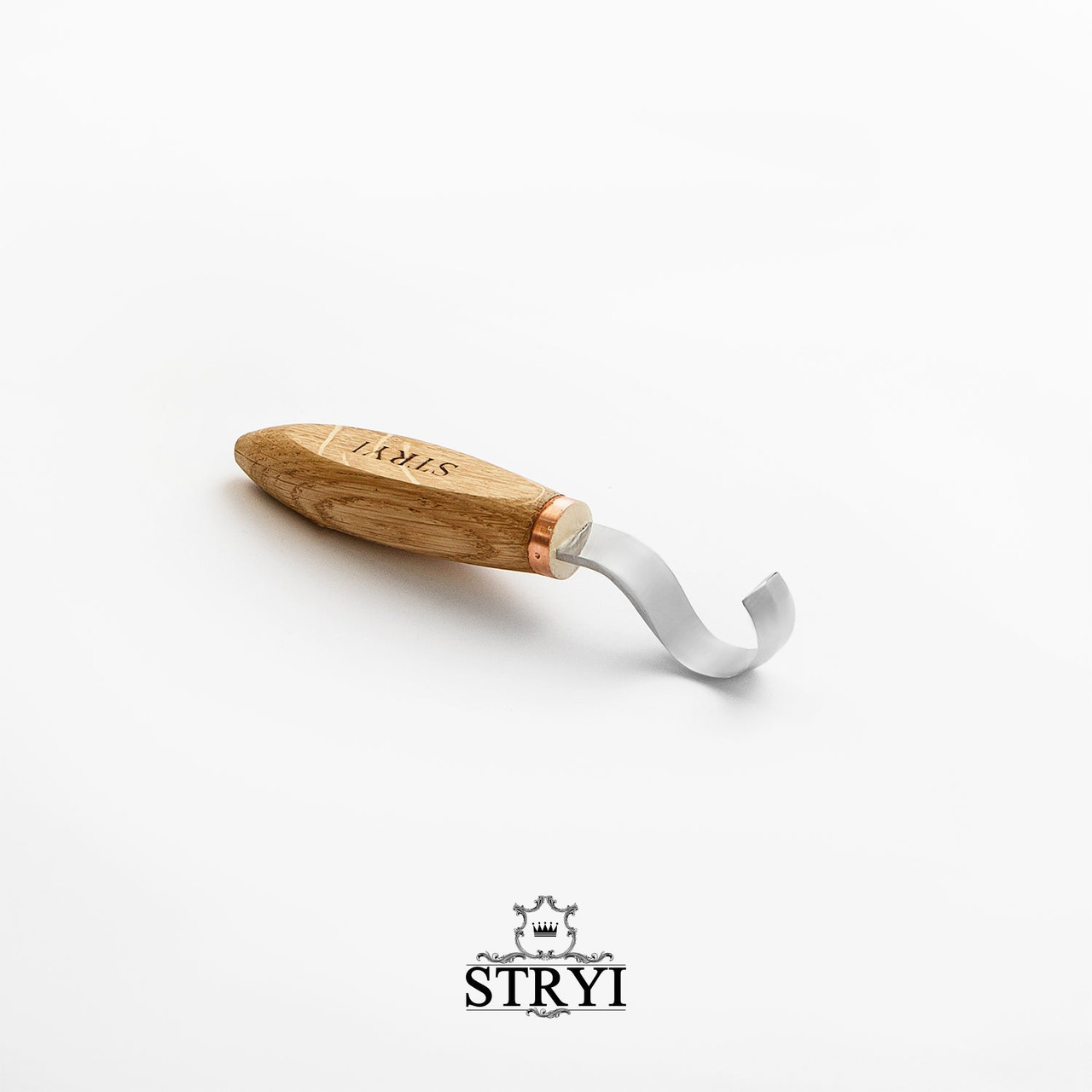 Stryi Spoon Carving Knife 30mm Left with a curved blade edge and the logo on the oak handle