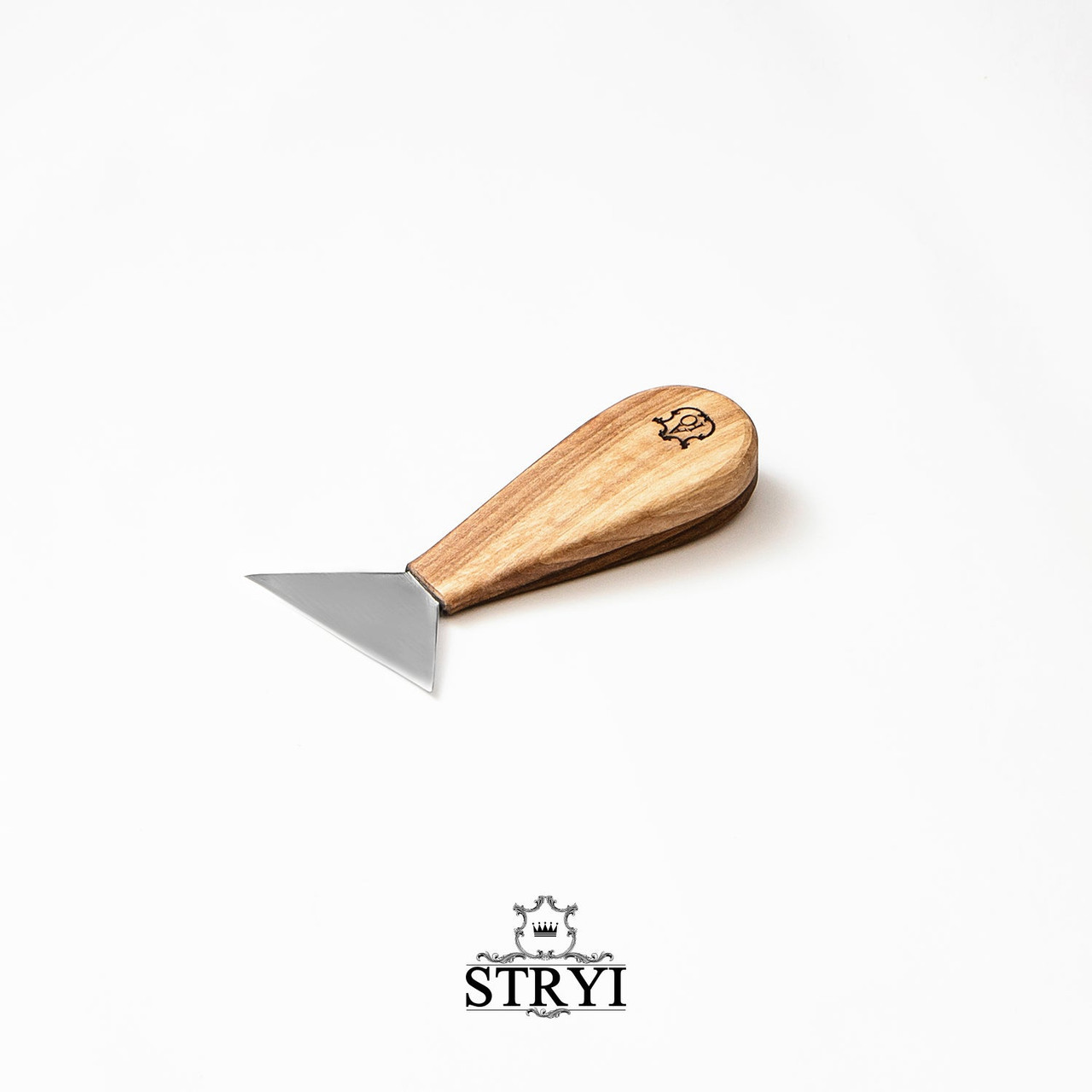 A side profile of the Stryi Yurev Geometric Knife 70mm with a wide blade and a small wooden handle with the manufacturer logo.