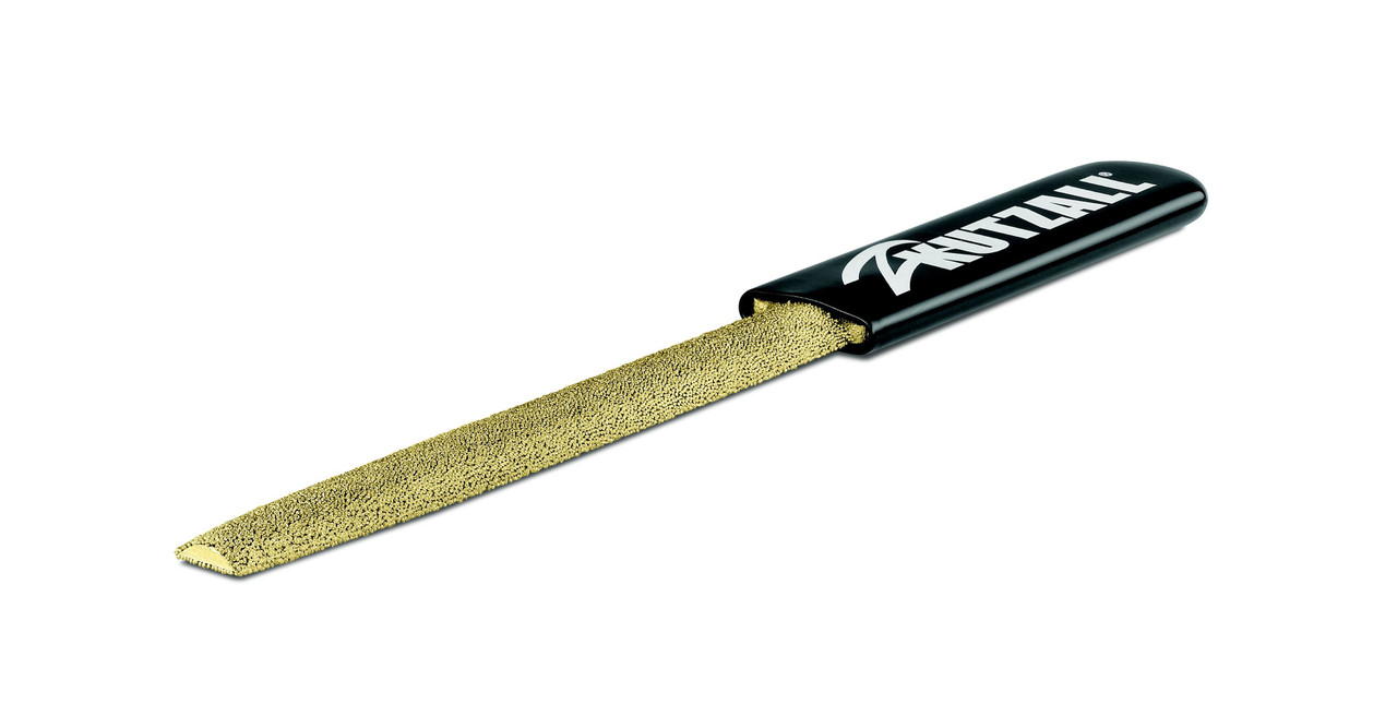 A Kutzall Half-Round Hand Rasp 6 Fine with a black handle and gold rounded surface.