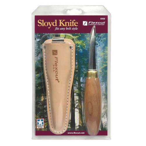 Flexcut Sloyd Knife, showing the Sloyd Knife in the packaging with the Knife and the holder.