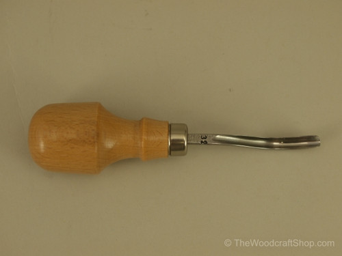 The image is featuring the Stubai Palm #11 Short Bent Spoon Veiner 5mm  with a Beechwood handle and the bent scoop like blade.