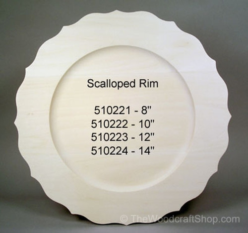 a basswood scalloped rim plate showing some of the sizes available.