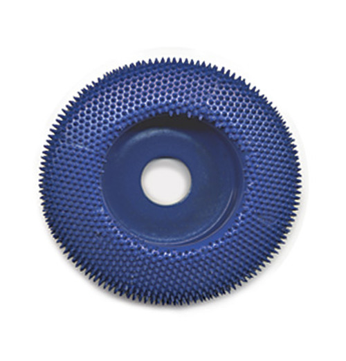 The Foredom Typhoon disk is a blue fine flat circular disk that is smooth in the center that has an arbor hole drilled. 