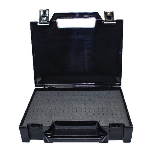 Shown here is the Ram Bit and Bur Box. It is black in color it has two latches on the front. A durable handle in the middle. The inside has a foam insert with numerous different size holes to hold all your bits and burs. 