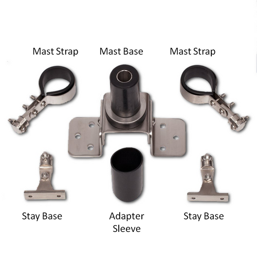 Shown here are all of the wind generator pole mount components that are included in this kit - all hardware is 316 SS.