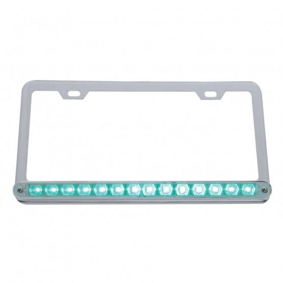 Chrome License Plate Frame With 14 LED 12" Light Bar - Green LED/Clear Lens