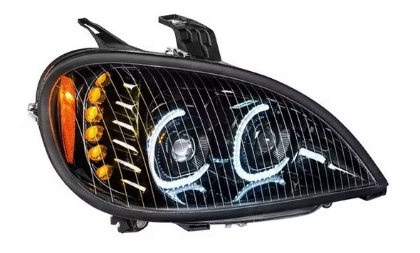 US02-4631R Black LED Head Lamp Projection With LED Bar Fits Freightliner Columbia