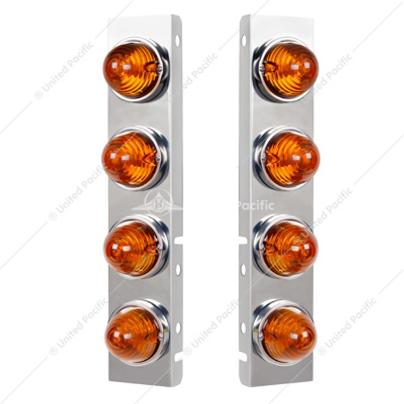 SS FRONT AIR CLEANER BRACKET WITH 8X GLASS BEEHIVE LIGHTS & SS BEZELS FOR PETERBILT-AMBER LENS