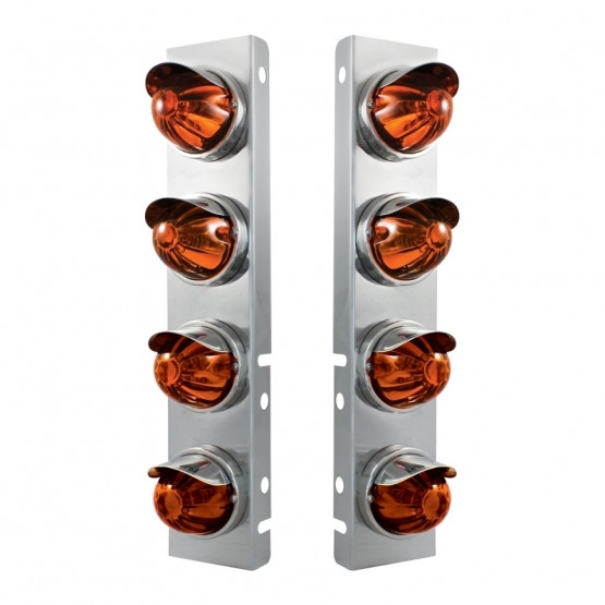 SS FRONT AIR CLEANER BRACKET WITH 8X GLASS WATERMELON LIGHTS & SS VISORS FOR PETERBILT-DARK AMBER LENS