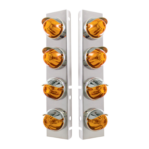 SS FRONT AIR CLEANER BRACKET WITH 8X GLASS WATERMELON LIGHTS & SS VISORS FOR PETERBILT -AMBER LENS