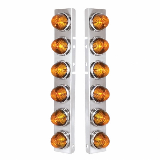 SS FRONT AIR CLEANER BRACKET WITH 12X GLASS BEEHIVE LIGHTS & SS BEZELS FOR PETERBILT-AMBER LENS