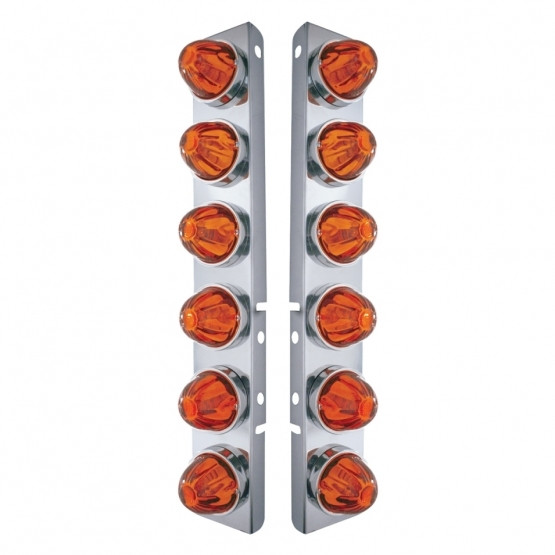 SS FRONT AIR CLEANER BRACKET WITH 12X GLASS WATERMELON LIGHTS & SS BEZELS FOR PETERBILT-DARK AMBER LENS