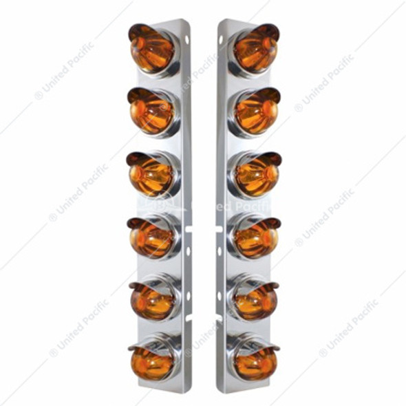 SS FRONT AIR CLEANER BRACKET WITH 12X GLASS WATERMELON LIGHTS & SS VISORS FOR PETERBILT-AMBER LENS