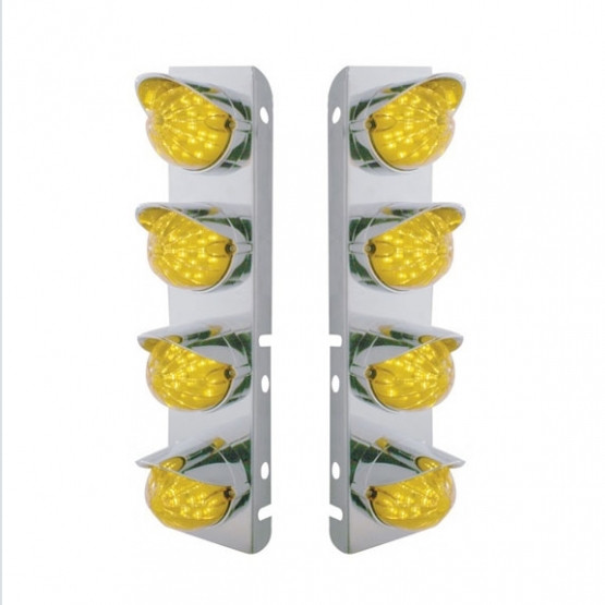 SS FRONT AIR CLEANER BRACKET WITH 8X 17 AMBER LED WATERMELON LIGHTS & SS VISORS FOR PETERBILT-AMBER LENS