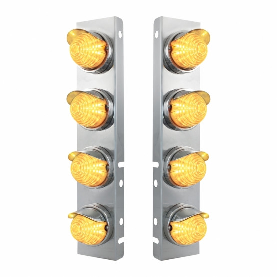 SS FRONT AIR CLEANER BRACKET WITH 8X 17 AMBER LED BEEHIVE LIGHTS & SS VISORS FOR PETERBILT -CLEAR LENS