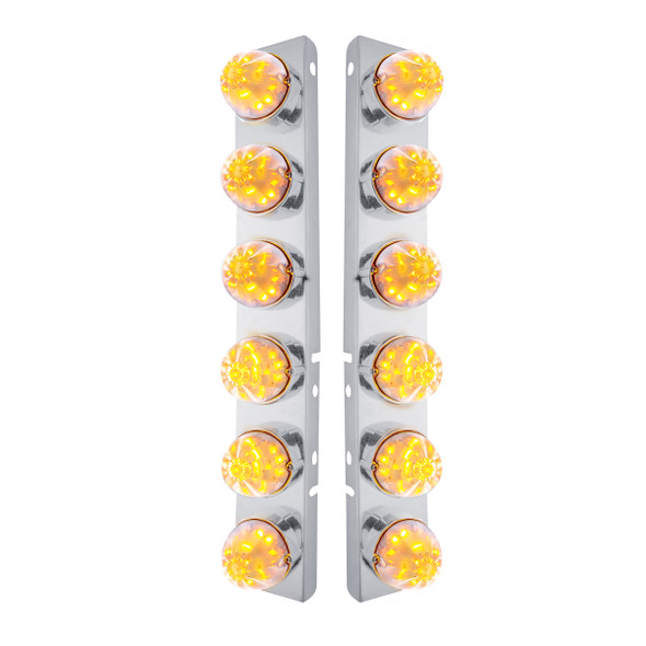 SS FRONT AIR CLEANER BRACKET W/12X 17 LED WATERMELON LIGHTS & SS BEZELS FOR PETERBILT-AMBER LED/CLEAR LENS (PAIR)
