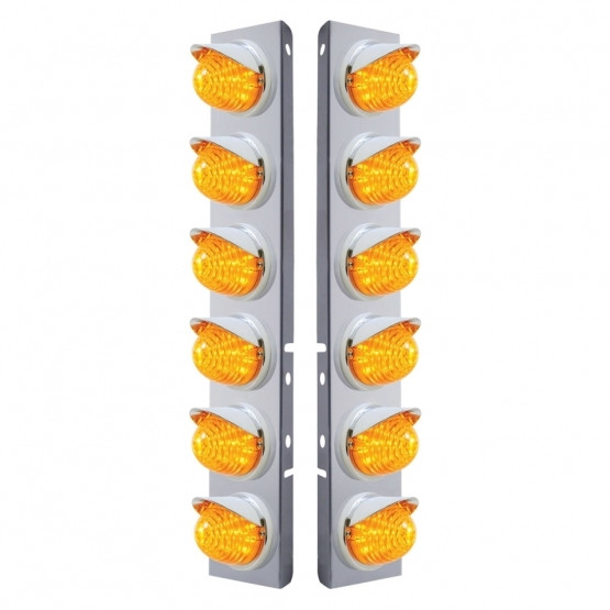 SS FRONT AIR CLEANER BRACKET W/12X 17 LED BEEHIVE LIGHTS & VISORS FOR PETERBILT-AMBER LED & LENS