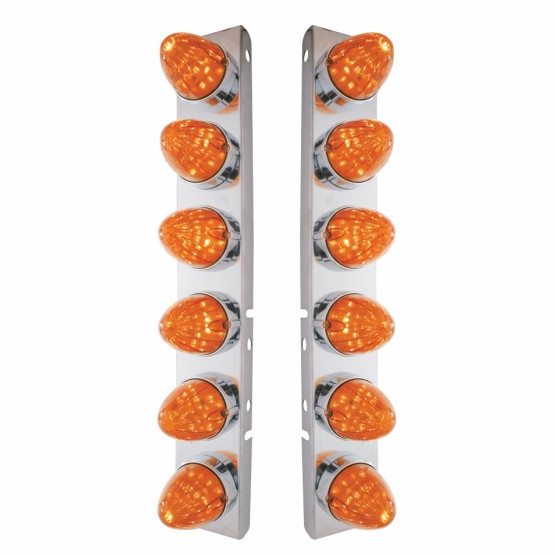 37296-UP SS FRONT AIR CLEANER BRACKET WITH 12X 19 LED WATERMELON LIGHTS & BEZELS FOR PETERBILT-AMBER LED/DARK AMBER LEN