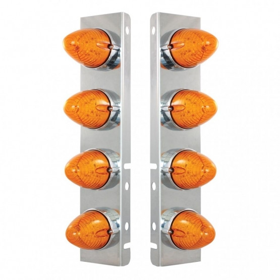 37992-UP SS FRONT AIR CLEANER BRACKET WITH 8X 19 LED BEEHIVE LIGHTS & BEZELS FOR PETERBILT-AMBER LED & LENS