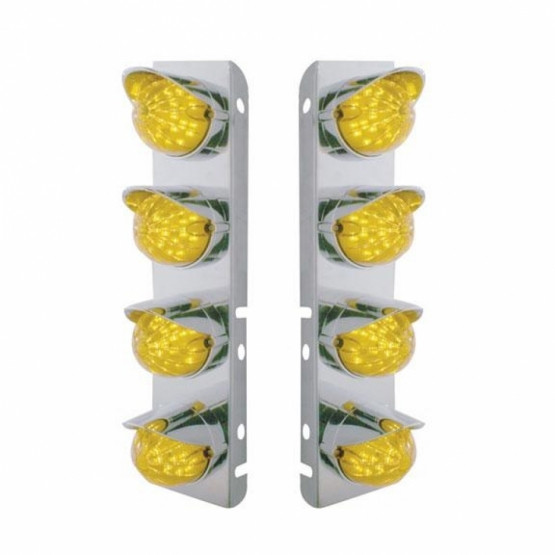 39860-UP SS FRONT AIR CLEANER BRACKET WITH 8X 17 AMBER LED HI/LO WATERMELON LIGHTS & SS VISORS FOR PETERBILT -AMBER LENS