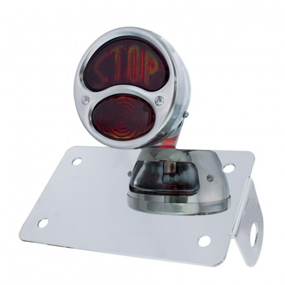 Chrome Horizontal Side Mount License Bracket For Motorcycle With 1928 "STOP DUO Lamp" Tail Light