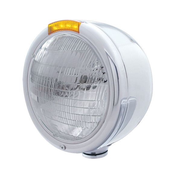 Stainless Steel Classic Half Moon Headlight 6014 Bulb & LED Turn Signal - Amber Lens