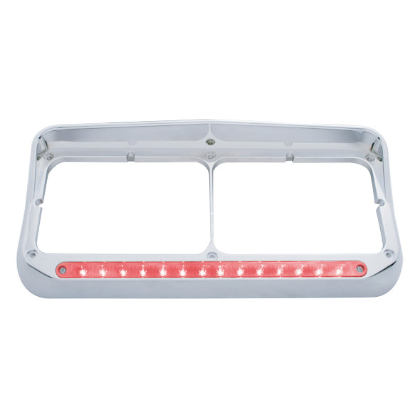 14 LED Chrome Rectangular Dual Headlight Bezel With Visor - Red LED/Clear Lens
