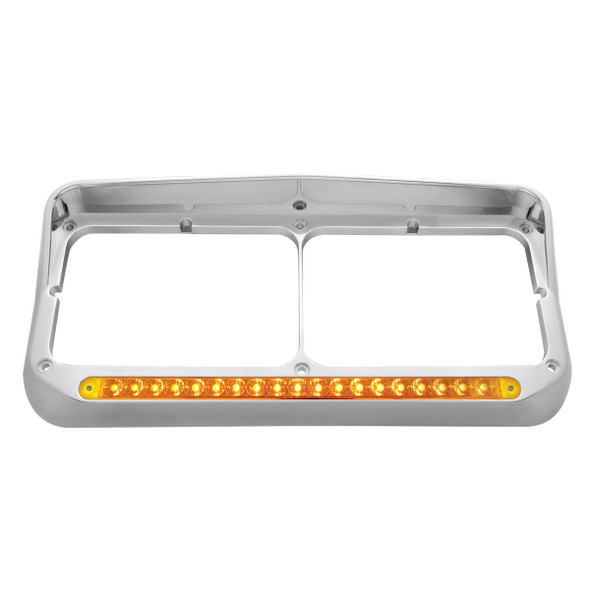 Chrome Rectangular Dual Headlight Bezel With Visor & 19 LED Light Bar - Amber LED/Amber Lens
