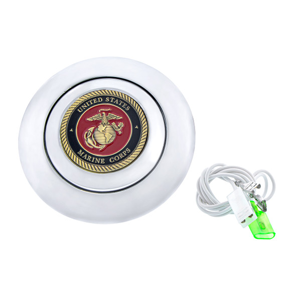 88196-UP CHROME ALUMINUM STEERING WHEEL HORN BUTTON WITH METAL MEDALLION, US MARINE CORPS