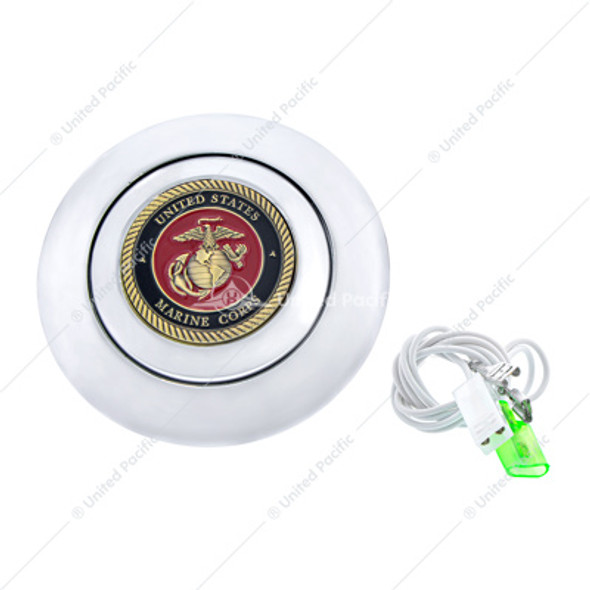 88196-UP CHROME ALUMINUM STEERING WHEEL HORN BUTTON WITH METAL MEDALLION, US MARINE CORPS
