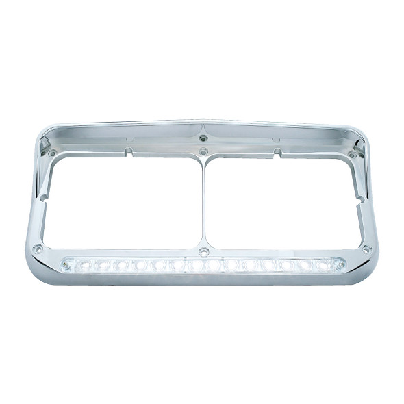 14 LED Chrome Rectangular Dual Headlight Bezel With Visor - White LED/Clear Lens