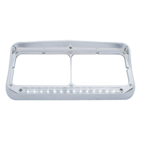 14 LED Chrome Rectangular Dual Headlight Bezel With Visor - White LED/Clear Lens