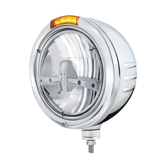 Stainless Steel Bullet Embossed Stripe Headlight 5 LED Bulb & Dual Mode LED Signal - Amber Lens