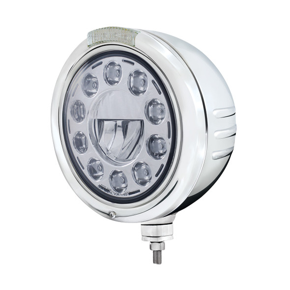 Stainless Steel Classic Embossed Stripe Headlight 11 LED Bulb & Dual Mode LED Signal - Clear Lens