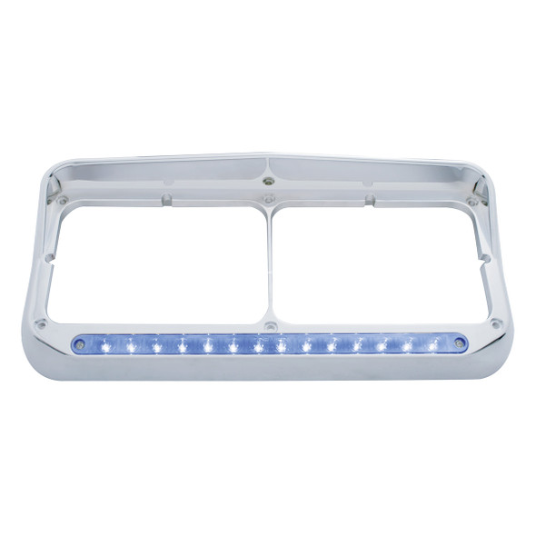 14 LED Chrome Rectangular Dual Headlight Bezel With Visor - Blue LED/Clear Lens