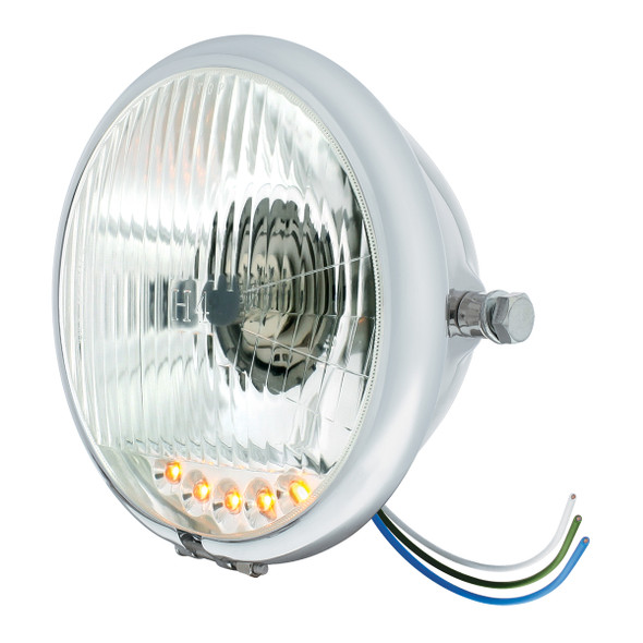 Chrome 5-3/4" Motorcycle Headlight H4 Bulb With 5 Amber LED - Side Mount