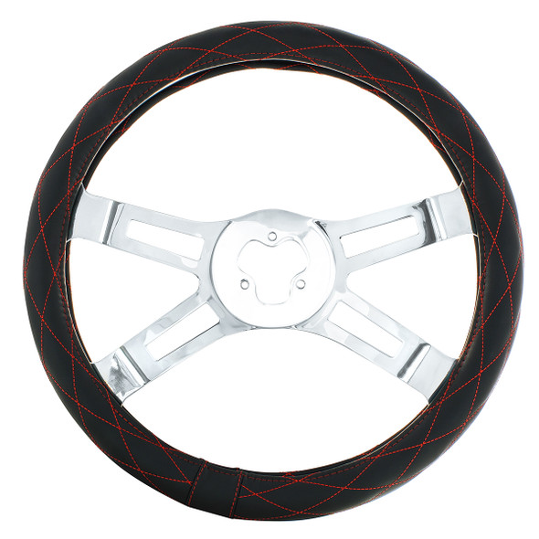 18" Crystal Stitched Leather Steering Wheel Cover - Red Stitching