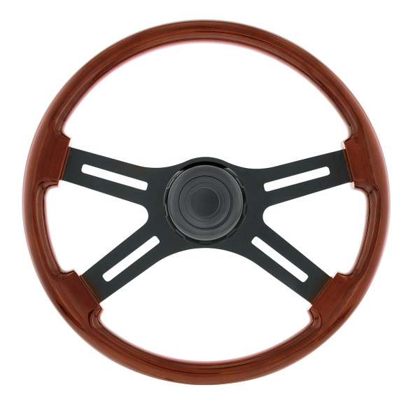 18" Matte Black 4 Spoke Steering Wheel With Horn Bezel & Button-Wood Grain