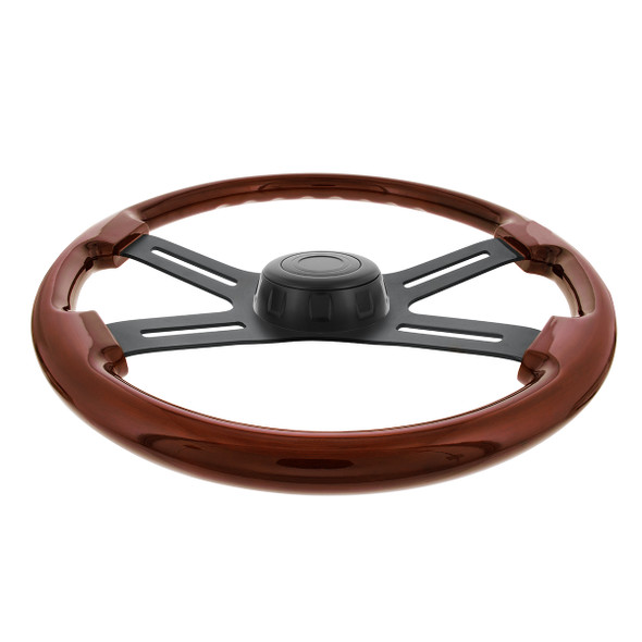 18" Matte Black 4 Spoke Steering Wheel With Horn Bezel & Button-Wood Grain