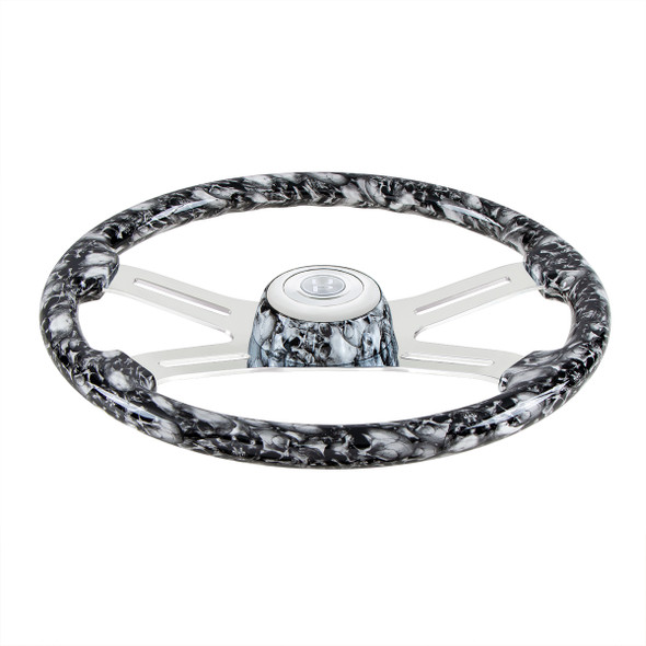 18" 4 Spoke Skull Steering Wheel With Matching Skull Horn Bezel - White