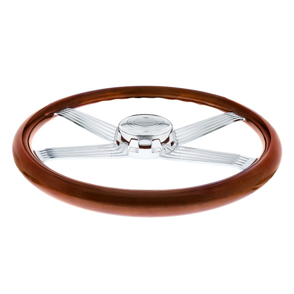 18" Chrome 4 Spoke With Wire Cutout Steering Wheel With Horn Bezel & Button-Wood Grain