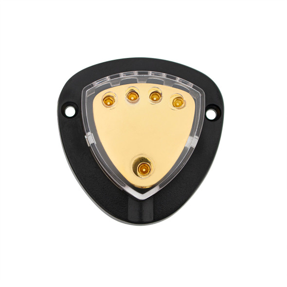 Gold Distribution Block with (1) 4 AWG input and (4) 8 AWG outputs, Triangular Shape 1 Pc.