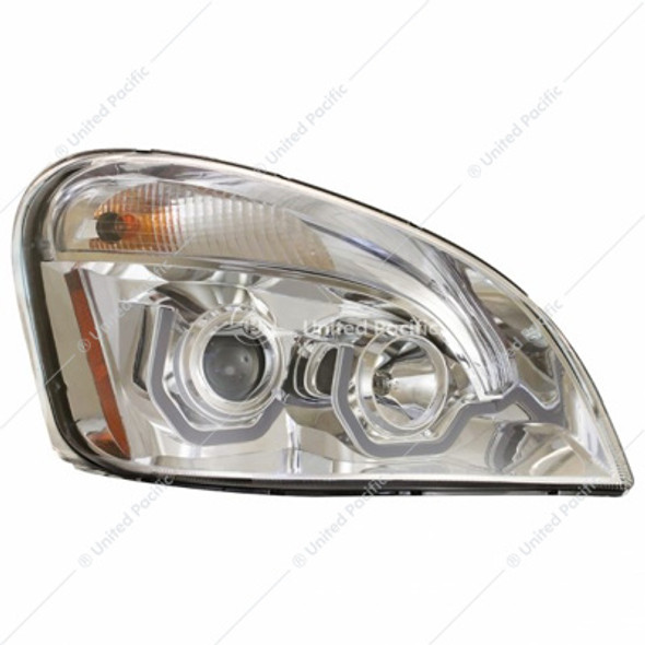 31227-UP CHROME PROJECTION HEADLIGHT W/DUAL FUNCTION AMBER LED POSITION LIGHTS FOR 2008-17 FL CASCADIA - PASSENGER